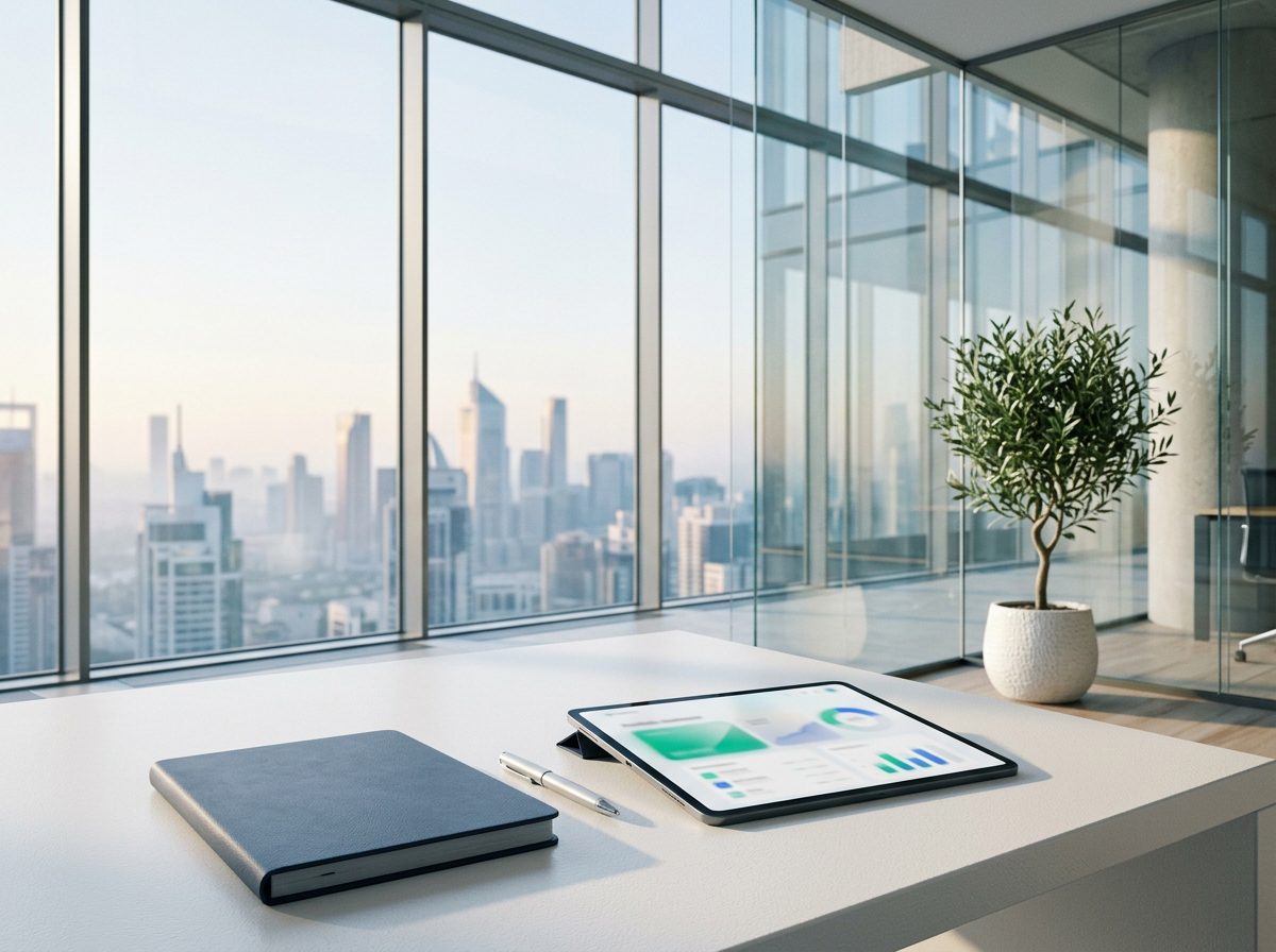 Modern investment office with a portfolio dashboard on a tablet