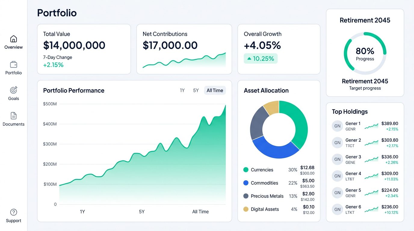 Aura Ex portfolio dashboard showing performance, allocation and goals